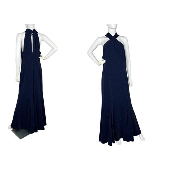 Tahari ASL Size 16 Formal Gown Navy Metallic Sparkle Sleeveless Long Maxi - Picture 1 of 9